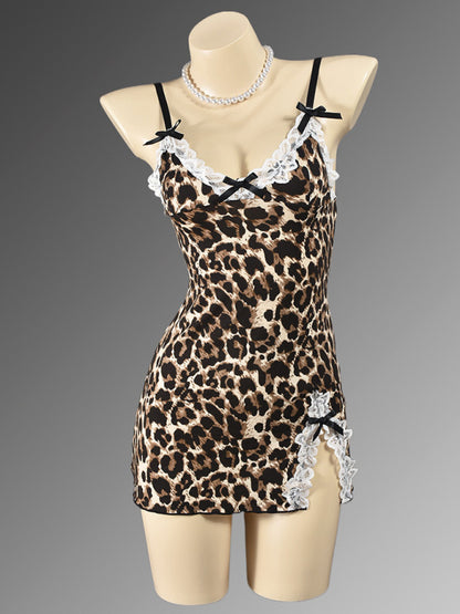 Cami - Leopard print sexy nightdress with slit legs and bowknot on chest pajamas sexy lingerie