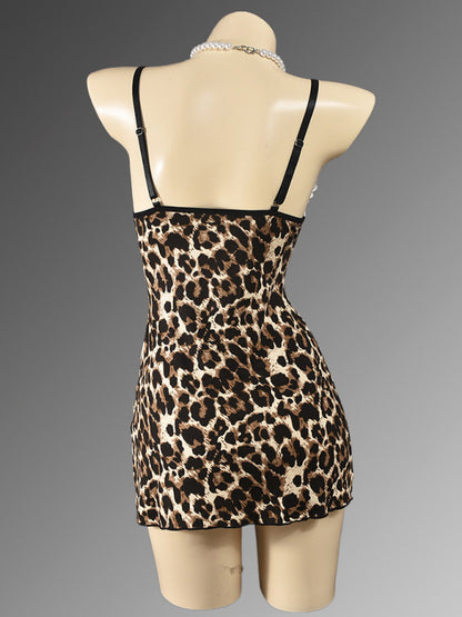 Cami - Leopard print sexy nightdress with slit legs and bowknot on chest pajamas sexy lingerie