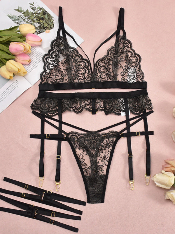 Lingerie - Embroidered lace sexy lingerie hollow chest design sexy four-piece set