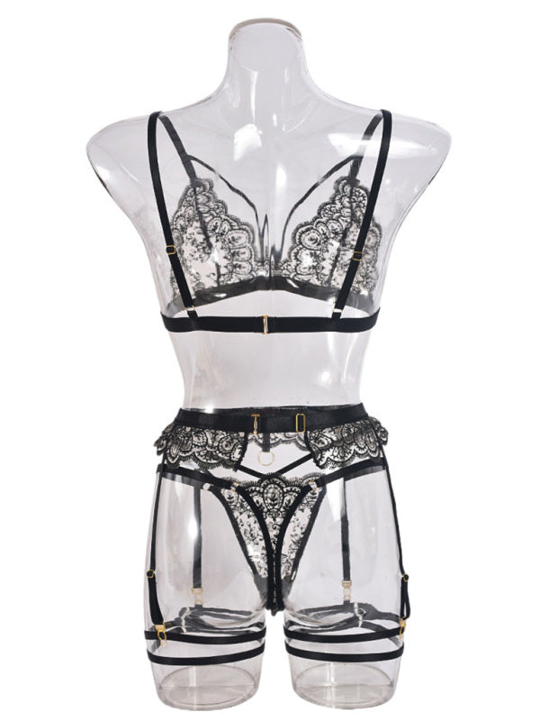 Lingerie - Embroidered lace sexy lingerie hollow chest design sexy four-piece set