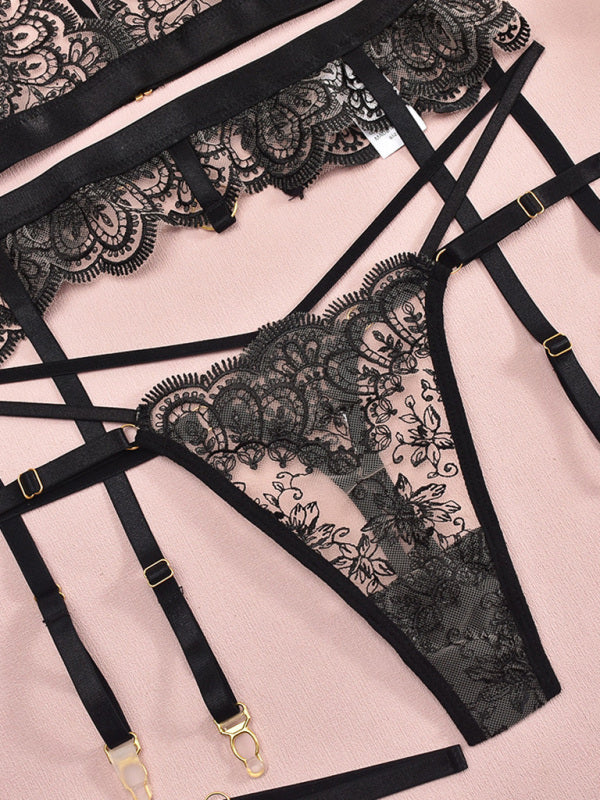 Lingerie - Embroidered lace sexy lingerie hollow chest design sexy four-piece set