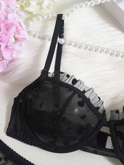 Lingerie - Sexy lace underwear ultra-thin perspective heart-shaped flocking sexy underwear set