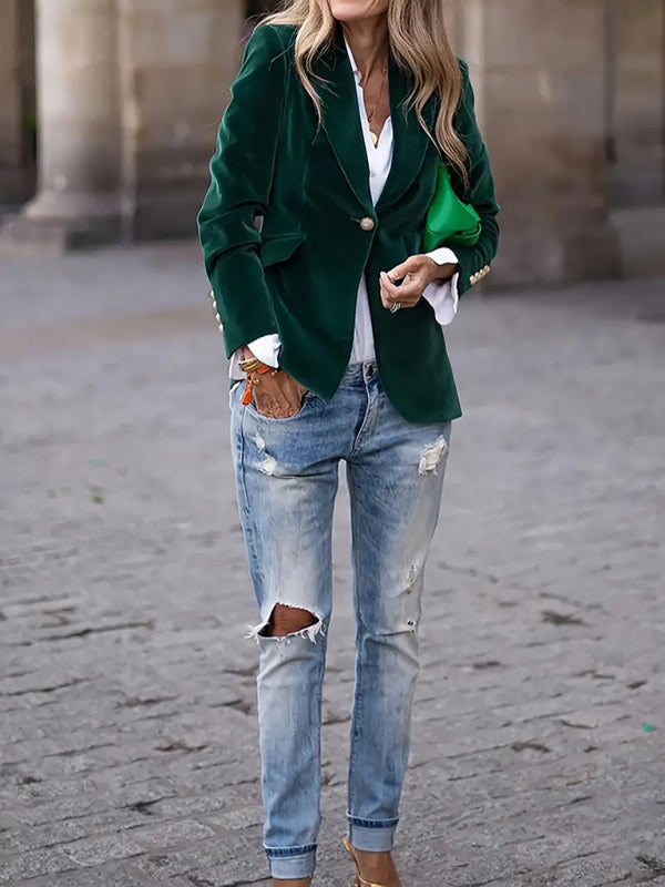Velvet Blazers - Gold velvet elegant slim fit suit jacket
