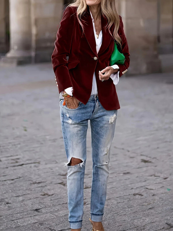 Velvet Blazers - Gold velvet elegant slim fit suit jacket