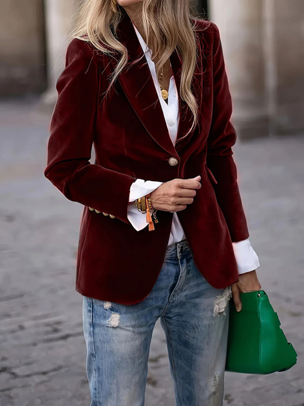 Velvet Blazers - Gold velvet elegant slim fit suit jacket