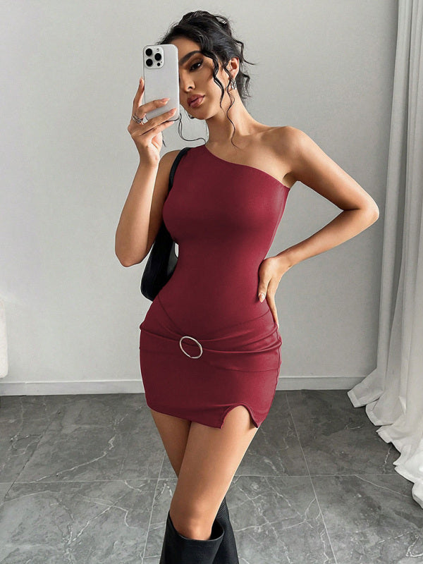 One Shoulder Dresses - Women's oblique collar hip dress