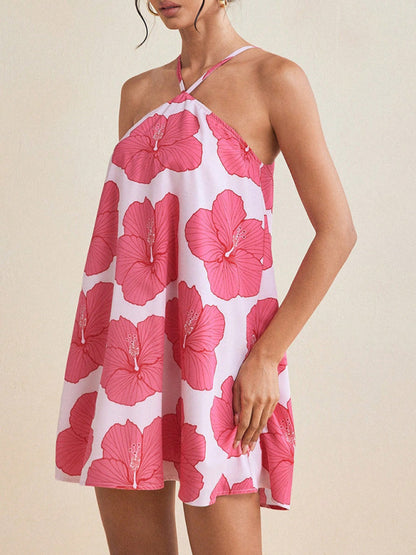 Tent Dresses - Women's sexy halter neck long swing printed short dress