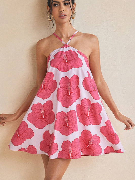 Tent Dresses - Women's sexy halter neck long swing printed short dress