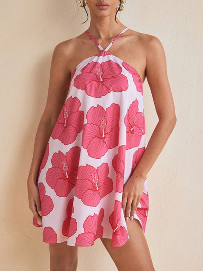 Tent Dresses - Women's sexy halter neck long swing printed short dress