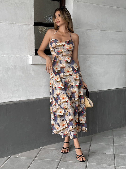 Floral Dresses - Printed suspender dress