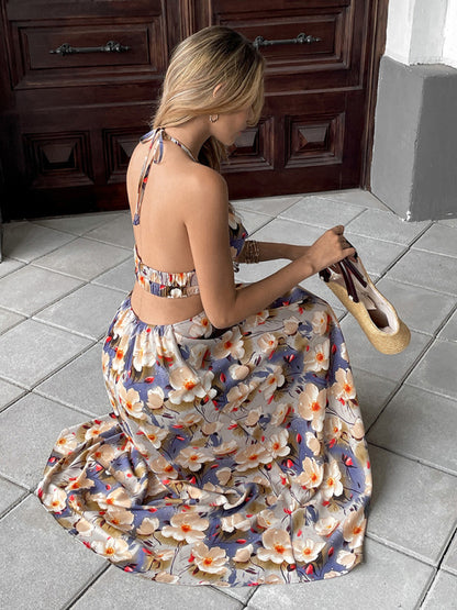 Floral Dresses - Printed suspender dress