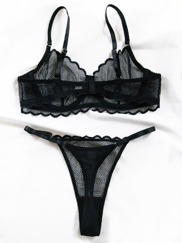 Lingerie - New hollow perspective gathered sexy wave lace underwear set