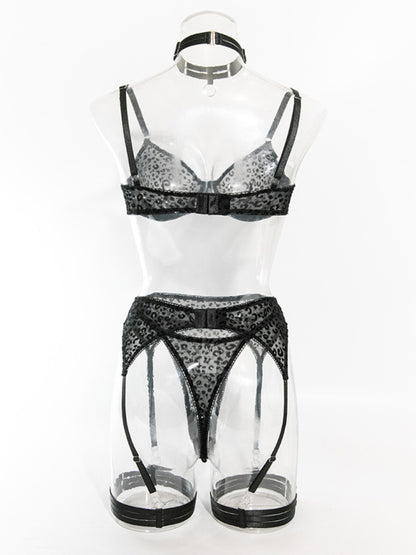 Lingerie - Leopard print transparent mesh suspenders sexy underwear set