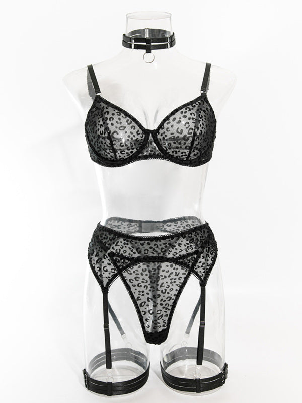 Lingerie - Leopard print transparent mesh suspenders sexy underwear set