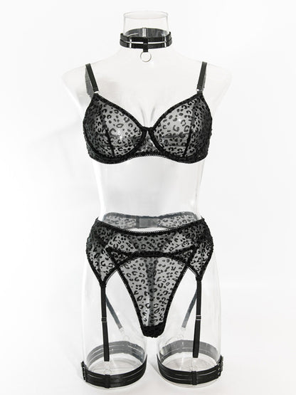 Lingerie - Leopard print transparent mesh suspenders sexy underwear set