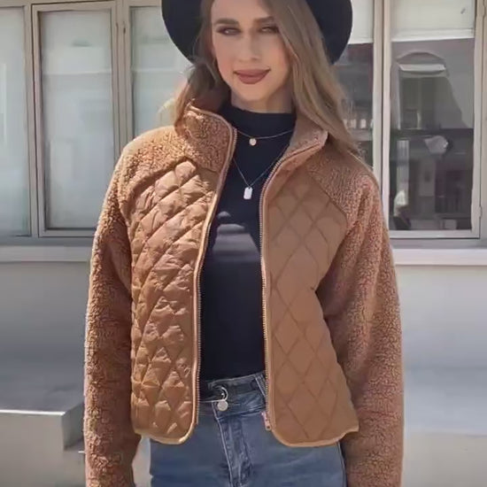 Cozy Patched Plush Zip-Up Quilted Jacket