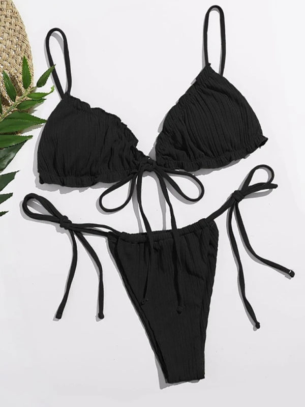 2 Piece Bikini- Ribbed 2 Piece Swimwear Triangle Bra and Tie-Side Bikini- Black- Pekosa Women Clothing