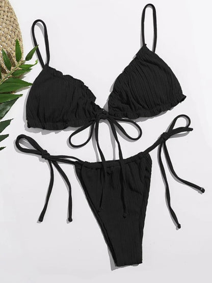 2 Piece Bikini- Ribbed 2 Piece Swimwear Triangle Bra and Tie-Side Bikini- Black- Pekosa Women Clothing