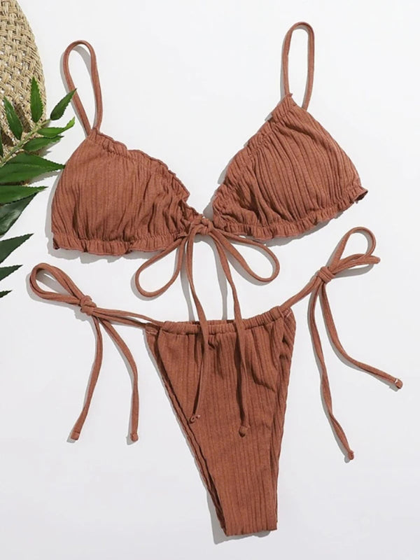 2 Piece Bikini- Ribbed 2 Piece Swimwear Triangle Bra and Tie-Side Bikini- - Pekosa Women Clothing