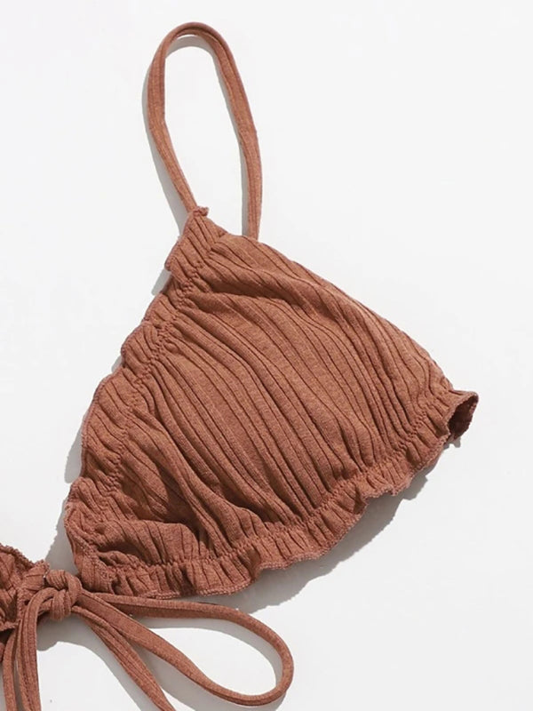 2 Piece Bikini- Ribbed 2 Piece Swimwear Triangle Bra and Tie-Side Bikini- - Pekosa Women Clothing