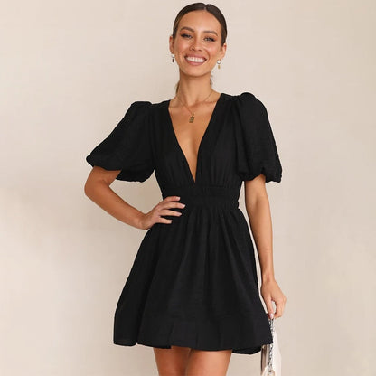 A-line Dresses- A-Line Plunge Mini Dress with Balloon Sleeve- - Pekosa Women Clothing