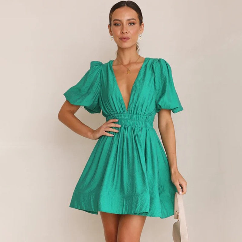 A-line Dresses- A-Line Plunge Mini Dress with Balloon Sleeve- - Pekosa Women Clothing