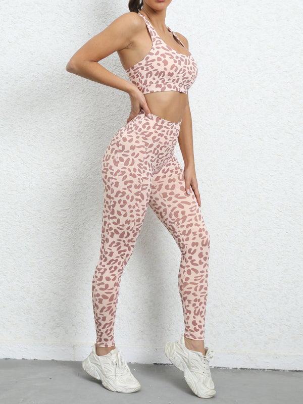 Activewear- Gym Yoga Set: Leopard Print Tank Top + Scrunch Butt Lifting Leggings- - Pekosa Women Clothing