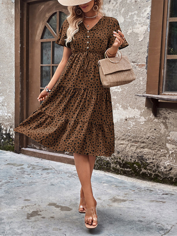 Animal Print Dresses- Animal Print Tiered Midi Dress with Tie Waist & Short Sleeves- - Pekosa Women Clothing