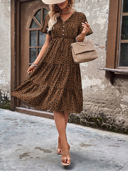 Animal Print Dresses- Animal Print Tiered Midi Dress with Tie Waist & Short Sleeves- - Pekosa Women Clothing