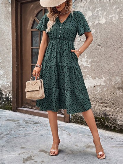 Animal Print Dresses- Animal Print Tiered Midi Dress with Tie Waist & Short Sleeves- - Pekosa Women Clothing