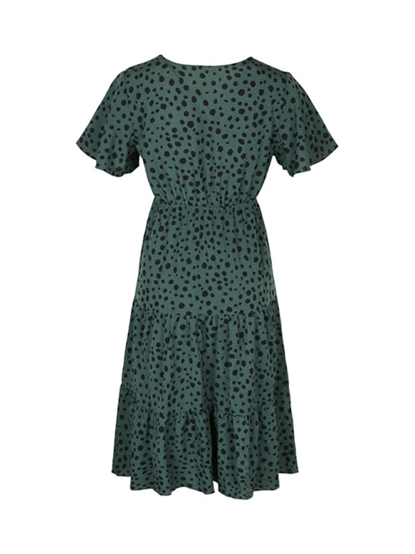 Animal Print Dresses- Animal Print Tiered Midi Dress with Tie Waist & Short Sleeves- - Pekosa Women Clothing
