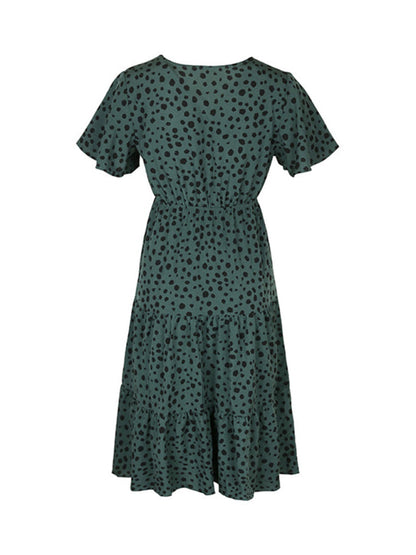 Animal Print Dresses- Animal Print Tiered Midi Dress with Tie Waist & Short Sleeves- - Pekosa Women Clothing