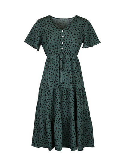 Animal Print Dresses- Animal Print Tiered Midi Dress with Tie Waist & Short Sleeves- - Pekosa Women Clothing