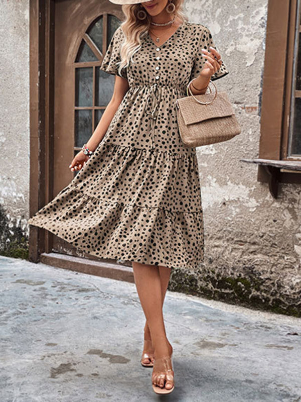 Animal Print Dresses- Animal Print Tiered Midi Dress with Tie Waist & Short Sleeves- - Pekosa Women Clothing