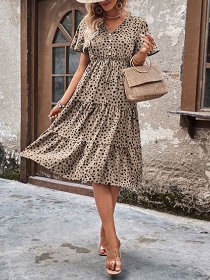 Animal Print Dresses- Animal Print Tiered Midi Dress with Tie Waist & Short Sleeves- - Pekosa Women Clothing