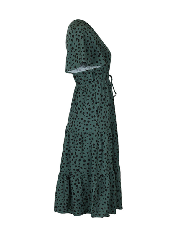 Animal Print Dresses- Animal Print Tiered Midi Dress with Tie Waist & Short Sleeves- - Pekosa Women Clothing