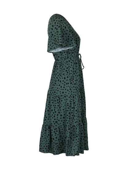 Animal Print Dresses- Animal Print Tiered Midi Dress with Tie Waist & Short Sleeves- - Pekosa Women Clothing
