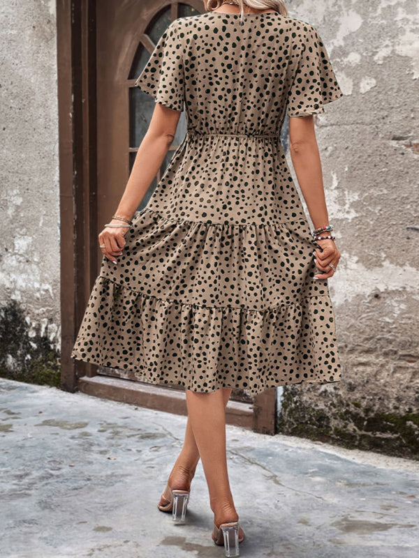 Animal Print Dresses- Animal Print Tiered Midi Dress with Tie Waist & Short Sleeves- - Pekosa Women Clothing