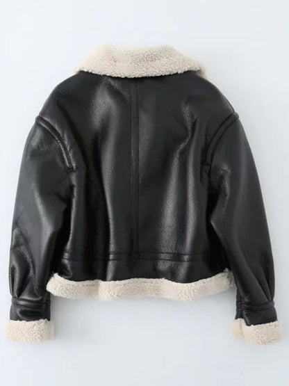 Aviator Jackets- Aviator Jacket - Contrast Borg, Faux Fur and Leather Winter Bomber- - Pekosa Women Clothing