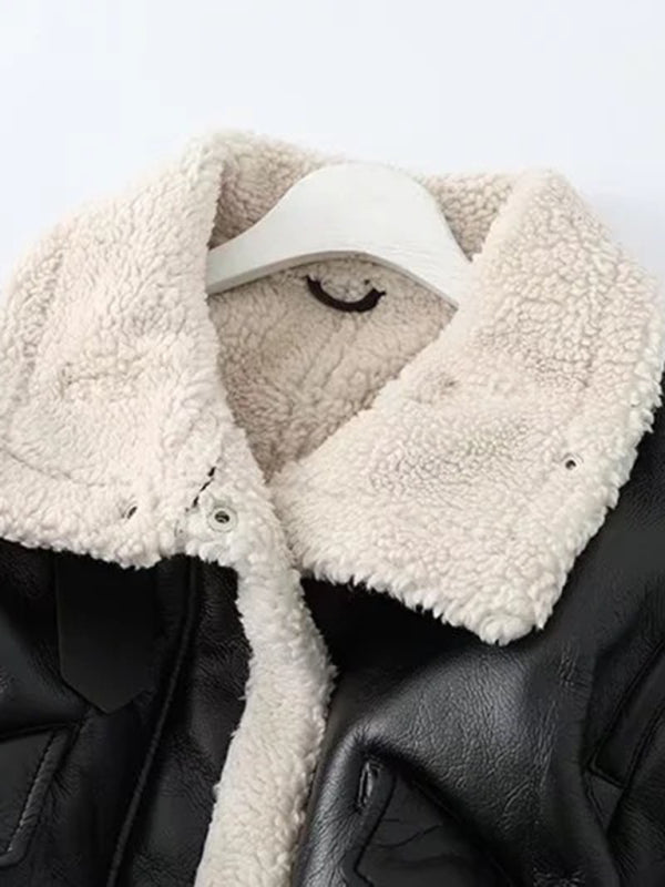 Aviator Jackets- Aviator Jacket - Contrast Borg, Faux Fur and Leather Winter Bomber- - Pekosa Women Clothing