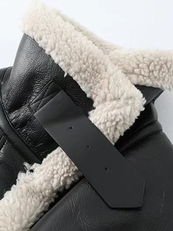 Aviator Jackets- Aviator Jacket - Contrast Borg, Faux Fur and Leather Winter Bomber- - Pekosa Women Clothing