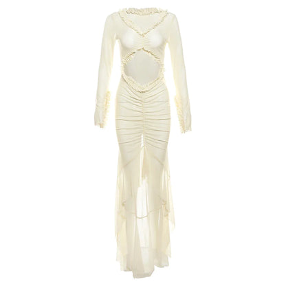 Beach Dresses- Runway Sheer High-Low Mermaid Dress with Frill & Ruffle- - Pekosa Women Fashion
