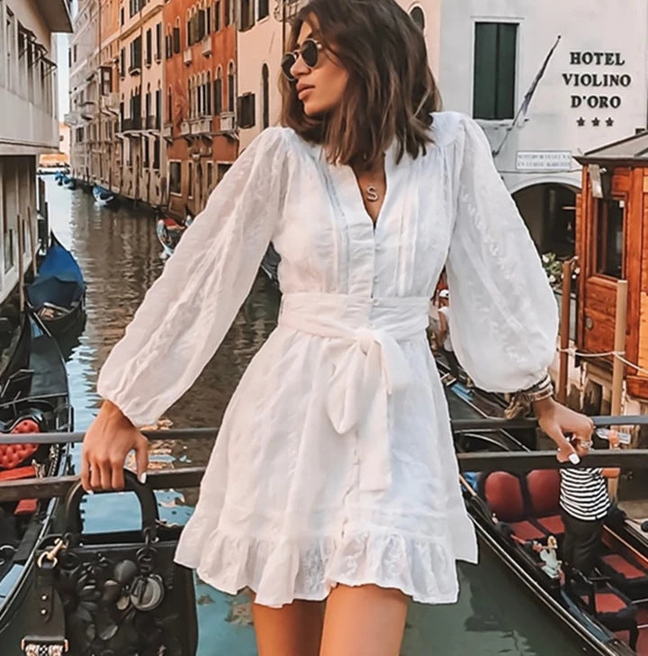 Belted Dresses- Embroidered Button Dress with Balloon Sleeves- - Pekosa Women Clothing