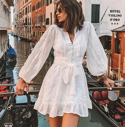 Belted Dresses- Embroidered Button Dress with Balloon Sleeves- - Pekosa Women Clothing