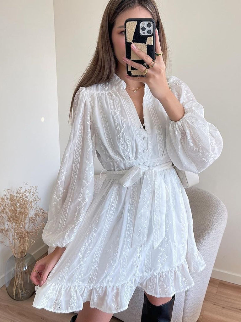 Belted Dresses- Embroidered Button Dress with Balloon Sleeves- - Pekosa Women Clothing