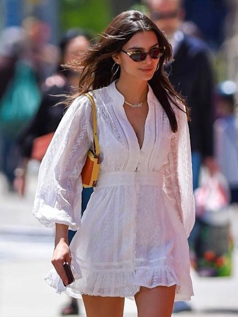 Belted Dresses- Embroidered Button Dress with Balloon Sleeves- - Pekosa Women Clothing