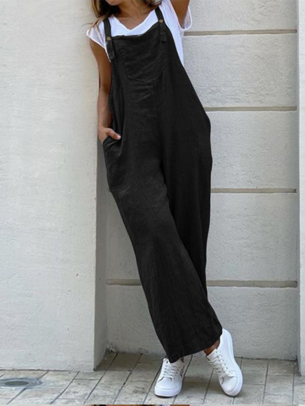 Bib Overalls- Baggy Bib Overalls in Cotton Linen – Essential Pantsuit- Black- Pekosa Women Clothing