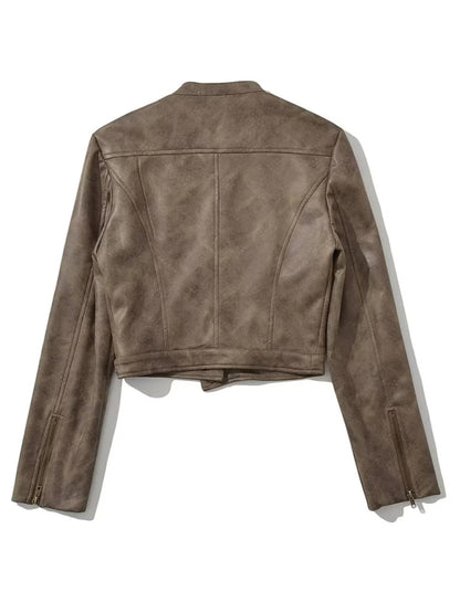 Biker Jackets- Faux Leather Zip-Up Stand Neck Biker Jacket- - Pekosa Women Clothing