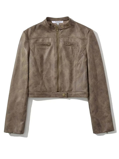 Biker Jackets- Faux Leather Zip-Up Stand Neck Biker Jacket- - Pekosa Women Clothing