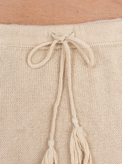 Bikini Cover Up Suit - Top & Skirt Set- Knitted Beach Set: Fringe Midi Skirt & Crop Tube Top- - Pekosa Women Clothing